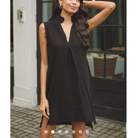 Stark X Anthropologie Black Gauze Dress Vneck Sleeveless Raw Hem Small - Picture 1 of 12